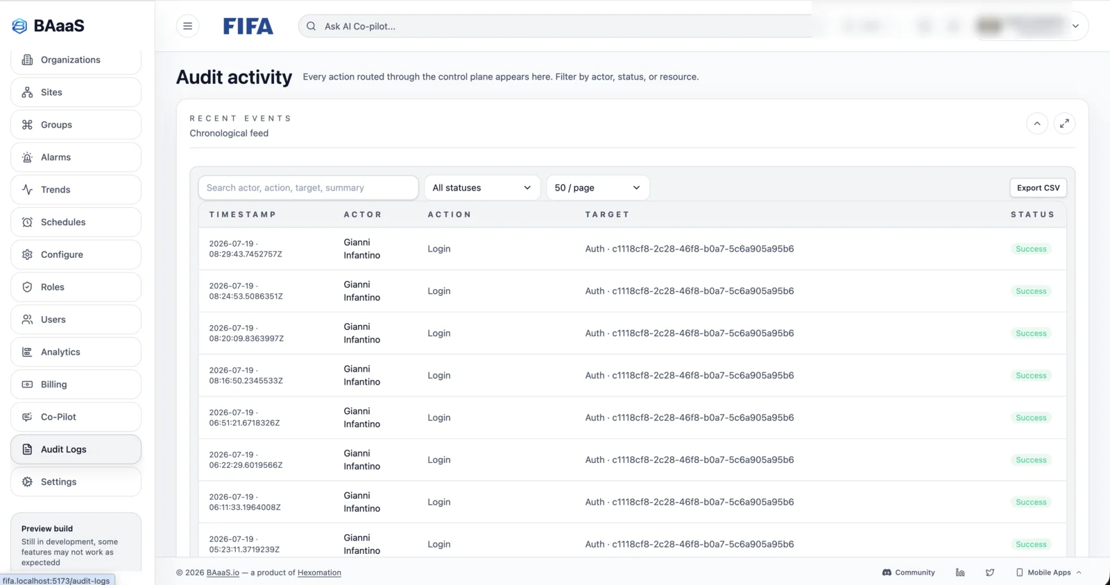 BAaaS.io audit trail log screenshot