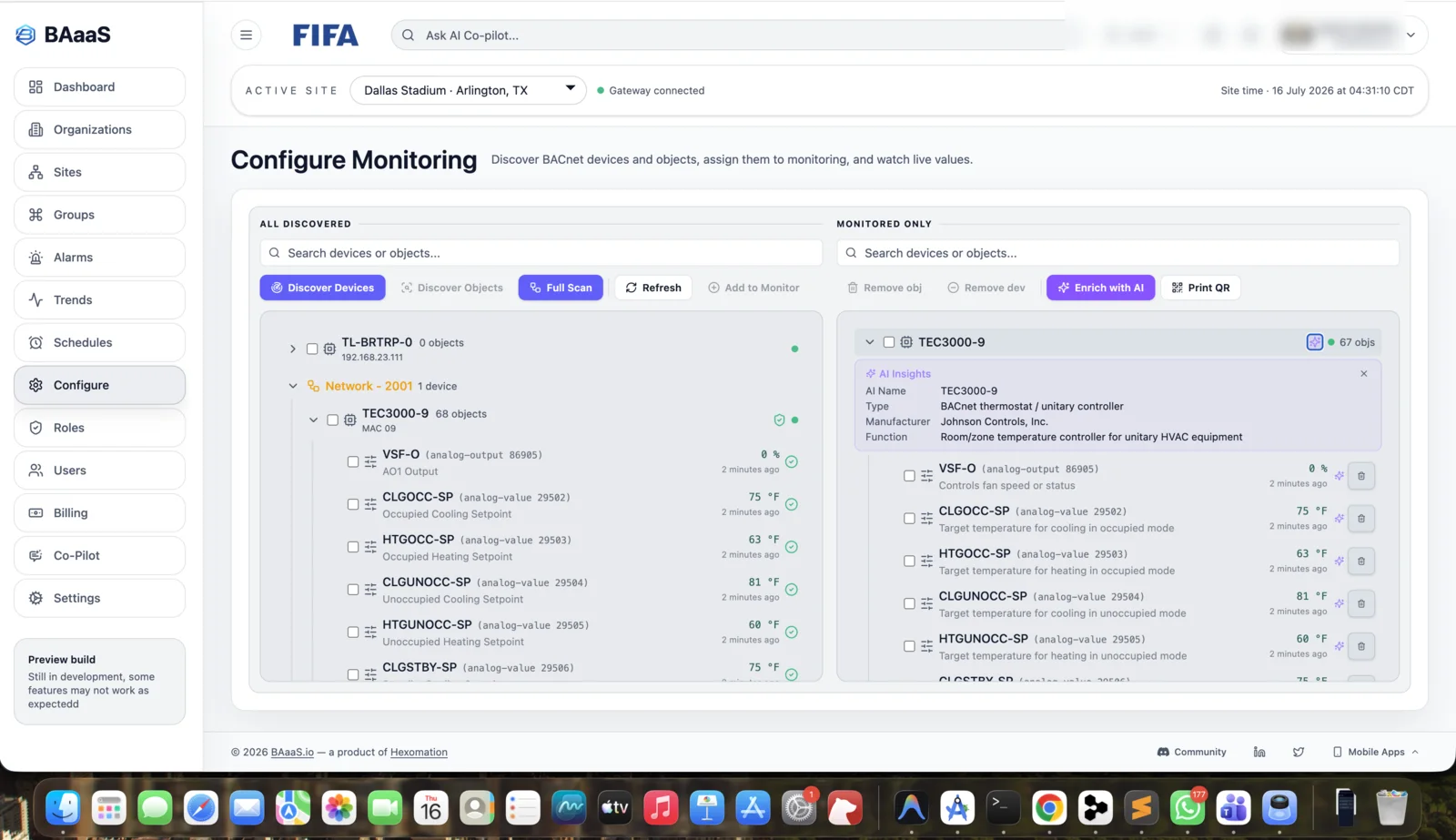 BAaaS.io discovered BACnet objects list screenshot