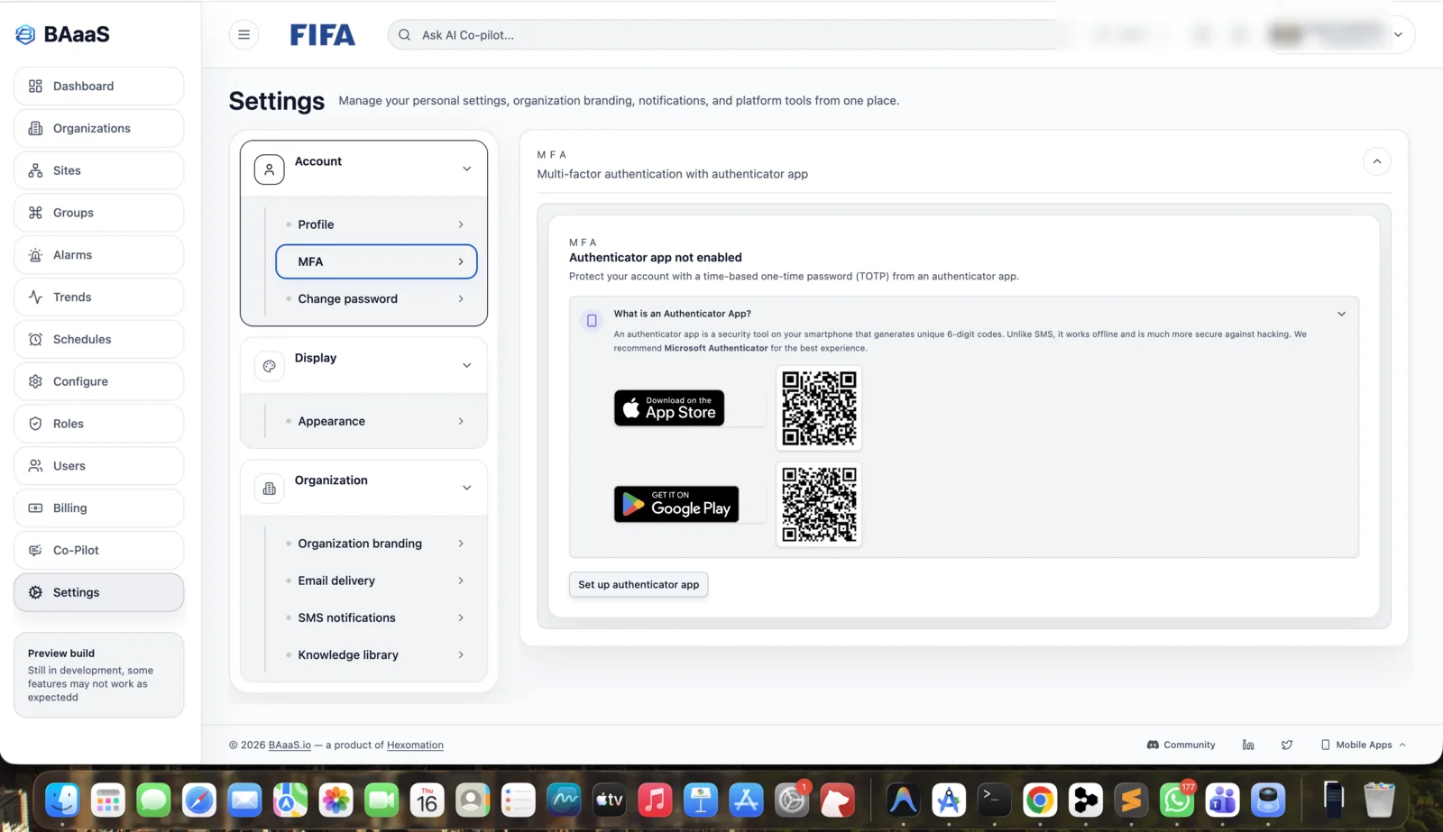 BAaaS.io multi-factor authentication setup screenshot