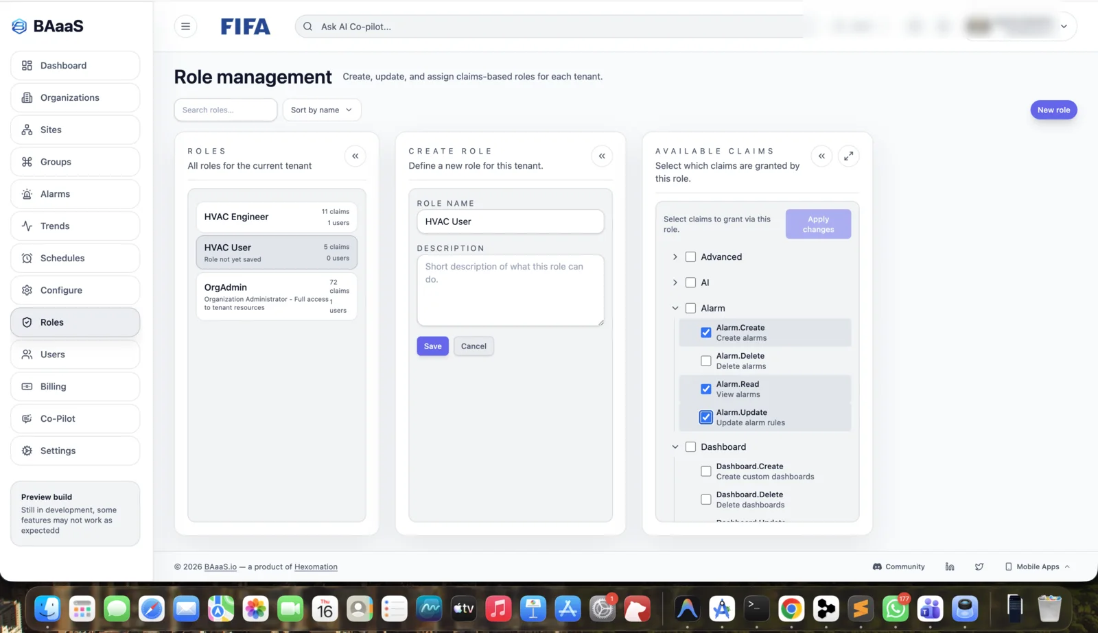 BAaaS.io custom permissions screenshot